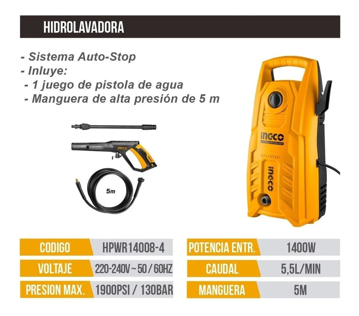 Hidrolavadora Eléctrica Ingco Hpwr14008 Naranja De 1400w Con 130bar De Presión Máxima 110v - 60hz - Imagen 4