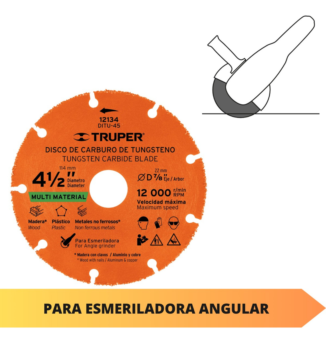 Disco 4 1/2'' Multiprop. Truper Multi Material Madera Metal Naranja - Imagen 4