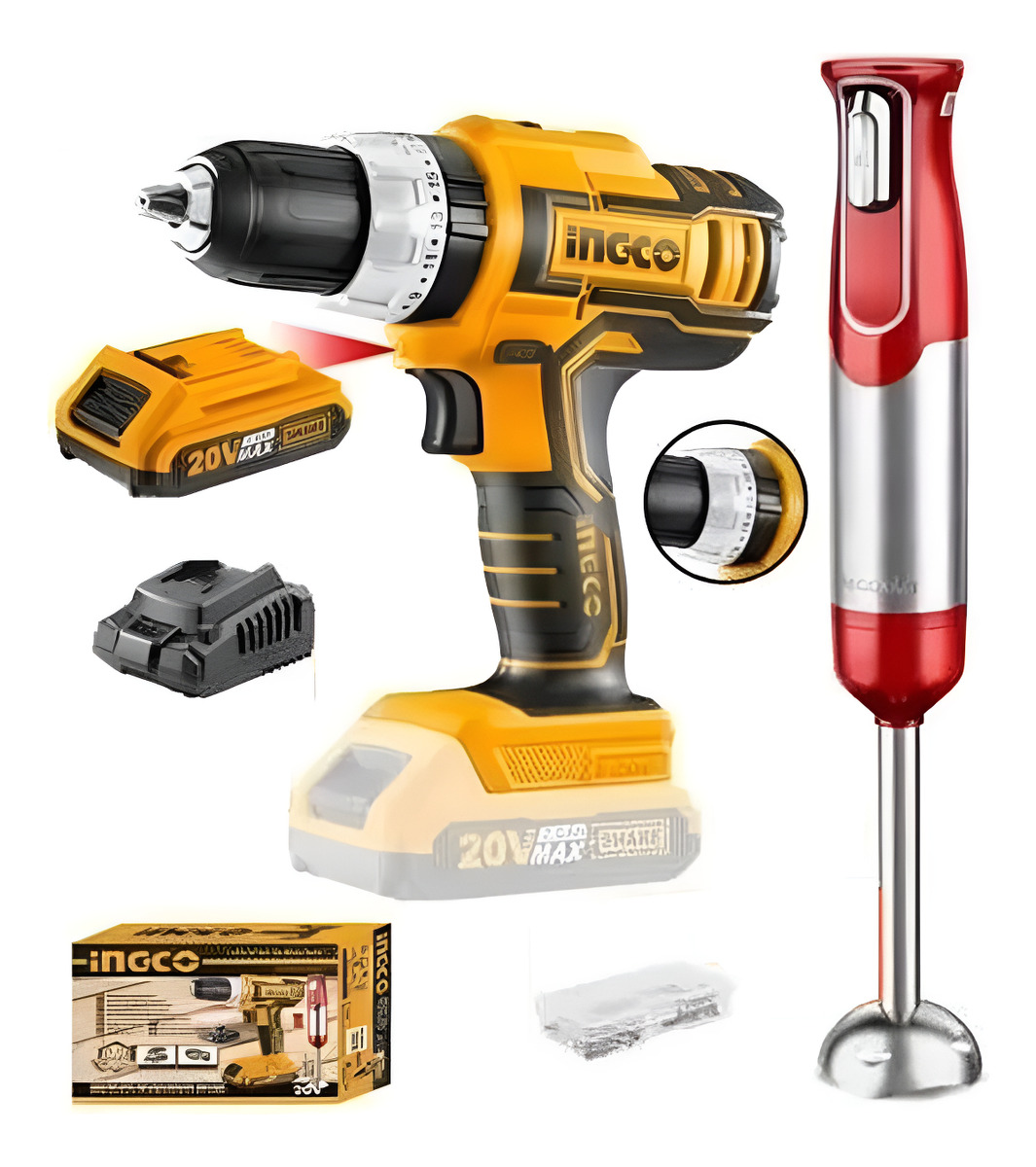 Taladro Atornillador Percutor Industrial Ingco 20v 2 Bateria Color Amarillo/negro Frecuencia 50 Hz/60 Hz