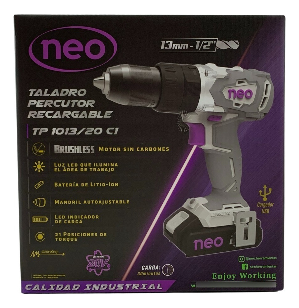 Taladro Percutor A Bateria C/1 Batería 20v Brushless Neo Gris - Imagen 6