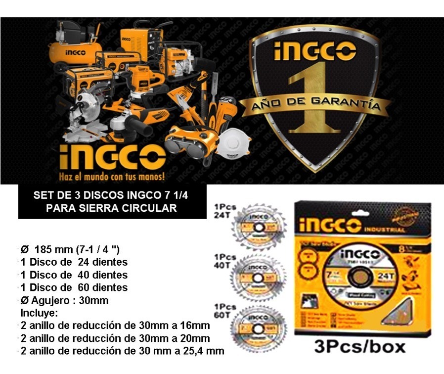 Set 3 Disco Sierra Circular 7 1/4 De 24, 40, 60 Diente Ingco - Imagen 2
