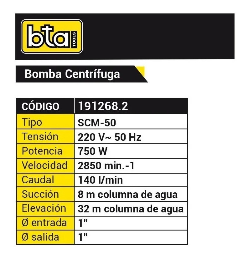 Bomba Centrífuga Bta Scm-50 140l/min Agua Sucia Impulsor Acero Negro - Imagen 2