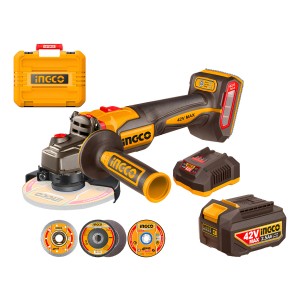 Amoladora Angular 42v Accesorios 2 Baterias Cargador Ingco Color Amarillo