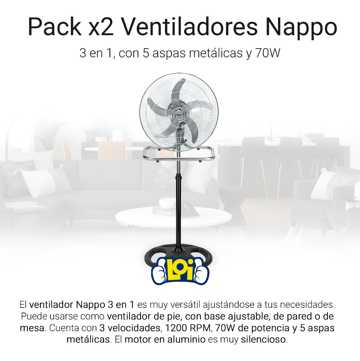 Pack X2 Ventiladores 3 En 1 Nappo 5 Aspas Metálicas 70w Estructura Negro Aspas Gris Diámetro 46 Cm Frecuencia 50 Material De Las Aspas Metal - Imagen 5