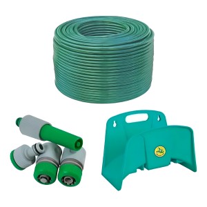 Manguera Flex 30 M Tramontina + Soporte Pared + Kit Conector Color Verde