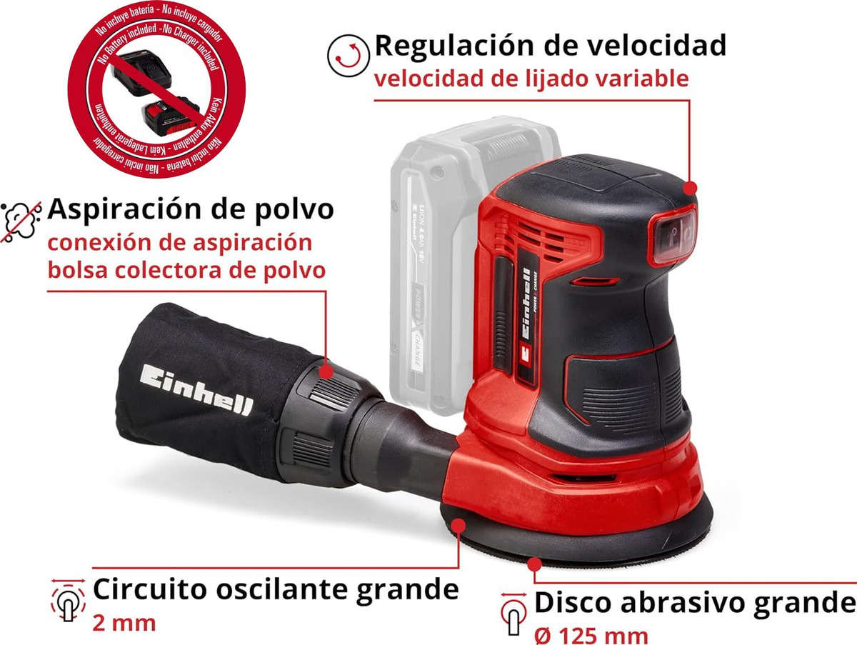 Lijadora Roto Orbital 125mm Bateria + Cargador Einhell Color Rojo - Imagen 3