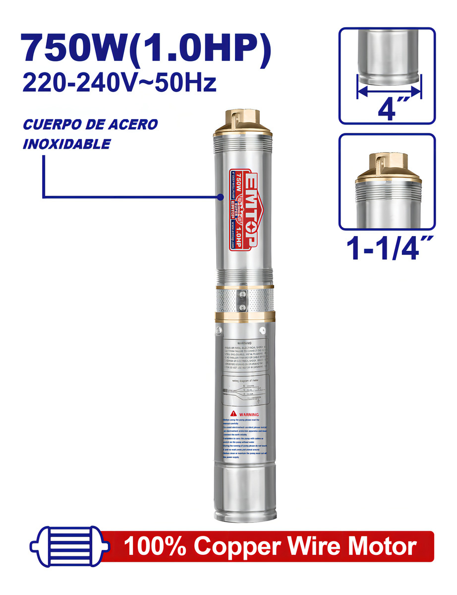 Bomba Sumergible Semisurgente 750w 80m 1hp Emtop - Imagen 2