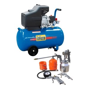 Compresor Aire 50 Litros 2.4 Hp Bta Tools Con Ruedas Y Kit 5 Piezas Rojo Monofásica