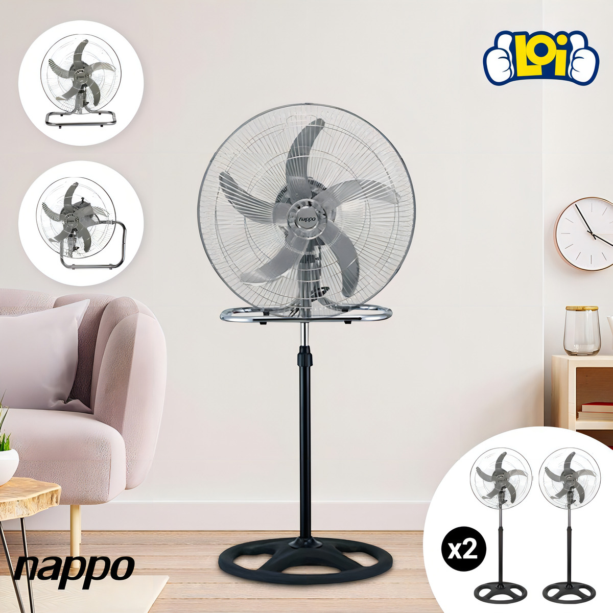 Pack X2 Ventiladores 3 En 1 Nappo 5 Aspas Metálicas 70w Estructura Negro Aspas Gris Diámetro 46 Cm Frecuencia 50 Material De Las Aspas Metal - Imagen 4