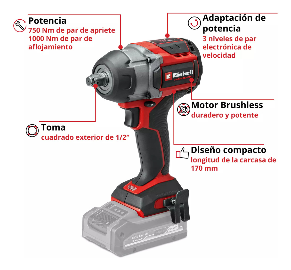 Llave De Impacto Inalámbrica Einhell Tp-cw 18/750-c Color Negro Frecuencia 50 Hz / 60 Hz - Imagen 3