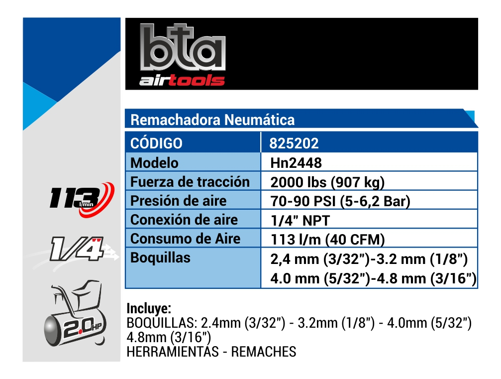 Remachadora Pop Neumatica Pesada De 2,4 A 5 Mm Aire Bta Tyt - Imagen 3