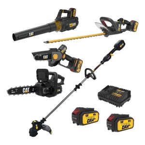 Kit Herramientas Cat Bordeadora + Sopladora + Corta Cerco + Mini Motosierra + Motosierra + 2 Baterías 4 Ah + Cargador