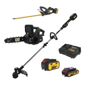 Kit Herramientas Cat Bordeadora + Corta Cerco + Motosierra + Batería 4 Ah + Batería 2 Ah + Cargador