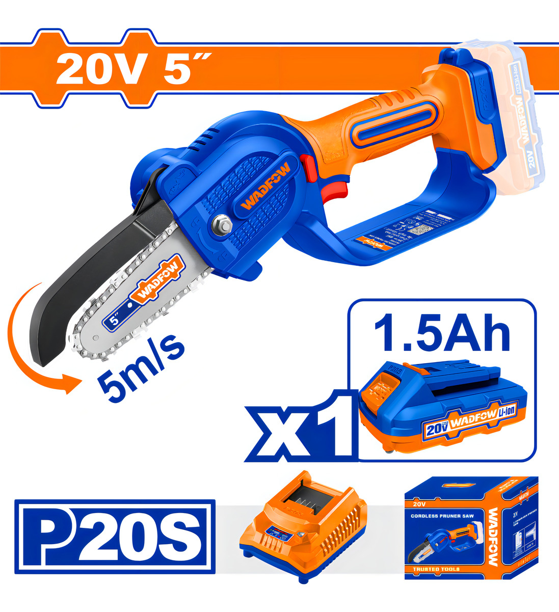 Mini Motosierra A Bateria 5 20v P20s Bat - Wclp552 Wadfow Color Azul Frecuencia 50hz/60hz - Imagen 2