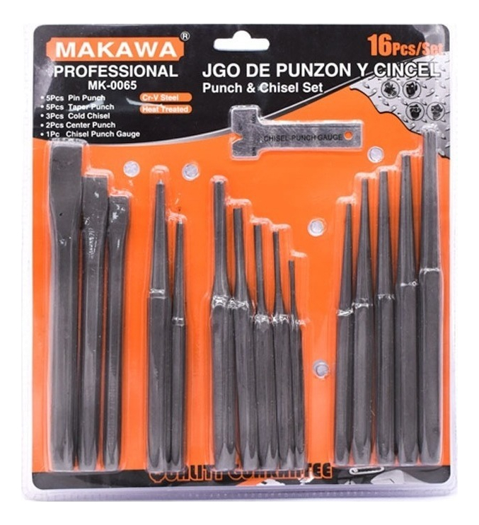 Juego De Punzon Y Cincel Makawa 16 Piezas Cromo Vanadio Mk-0065