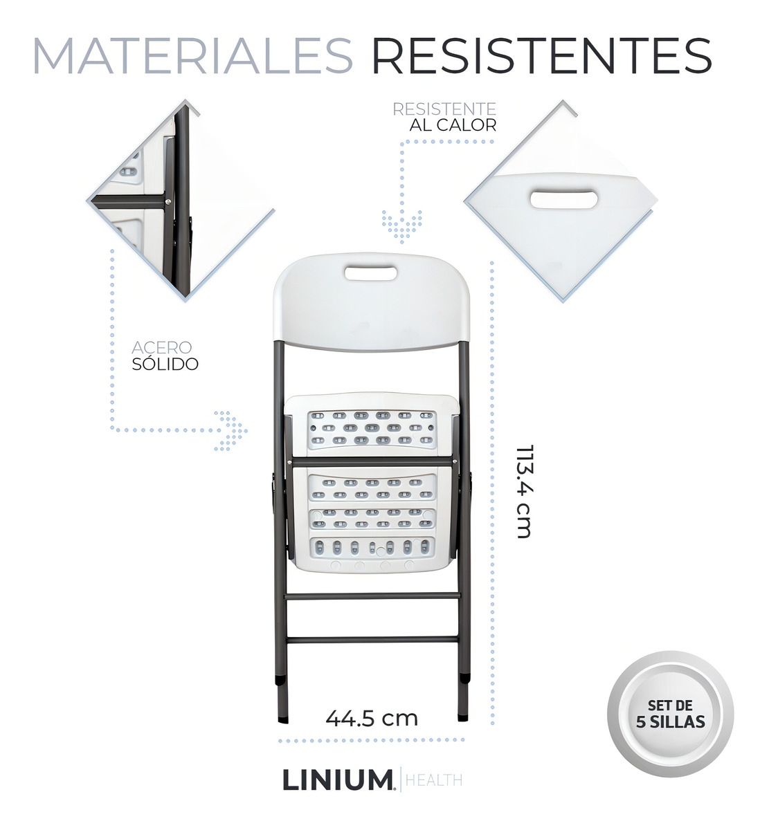 Silla Plegable Linium Set De 5 Plástico Resistente Color Blanco - Imagen 3