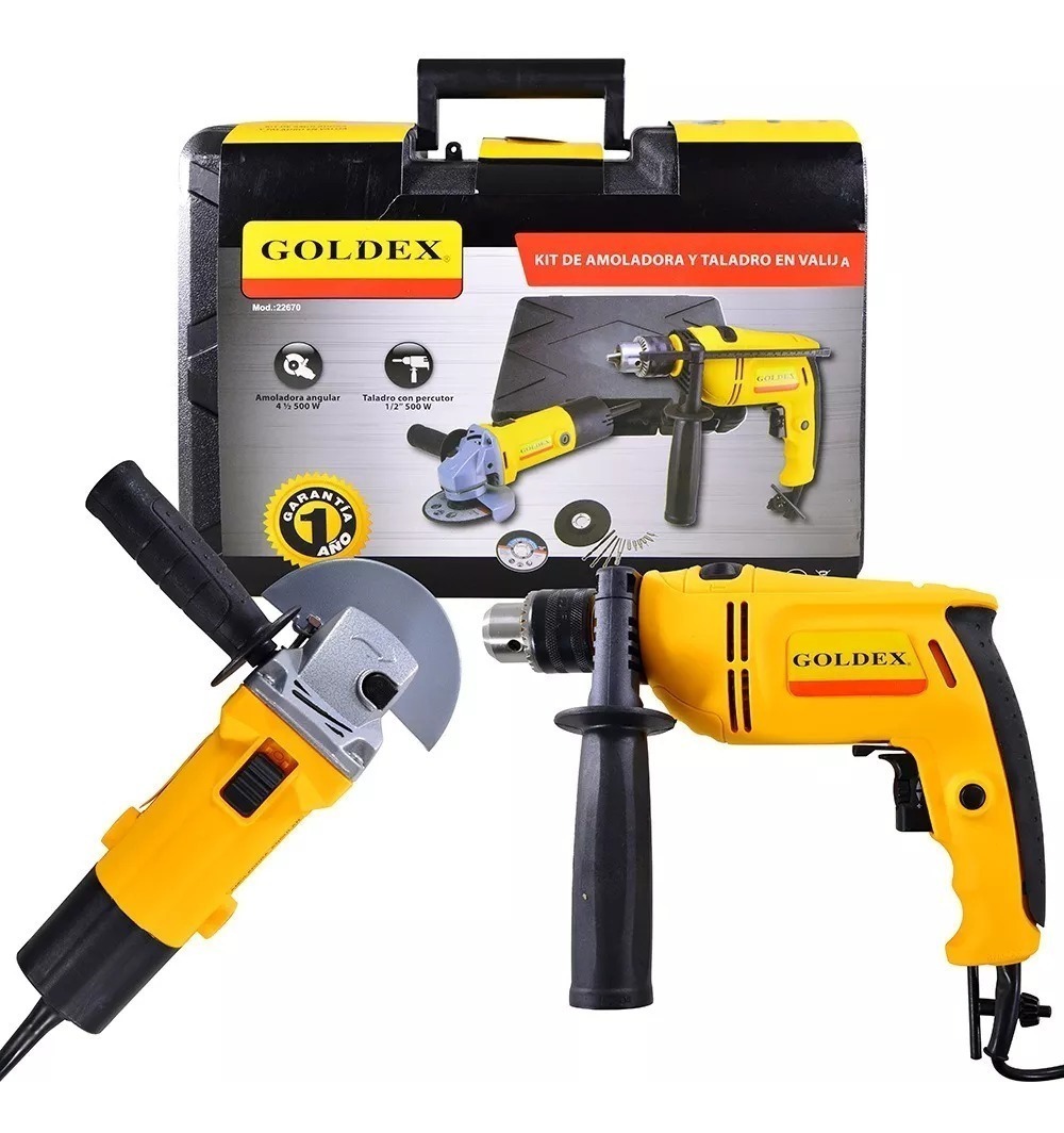 Kit Taladro + Amoladora Goldex En Valija Con Accesorios 500w