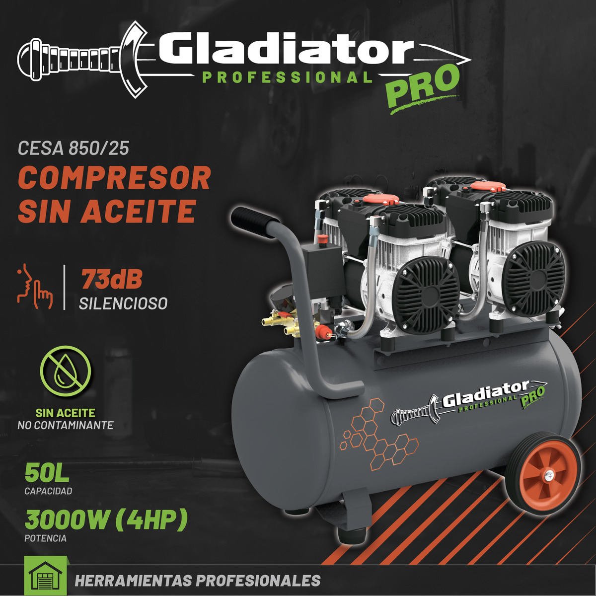 Compresor S/aceite 4hp 50lts.3000w Gladiator Pro Gris - Imagen 3