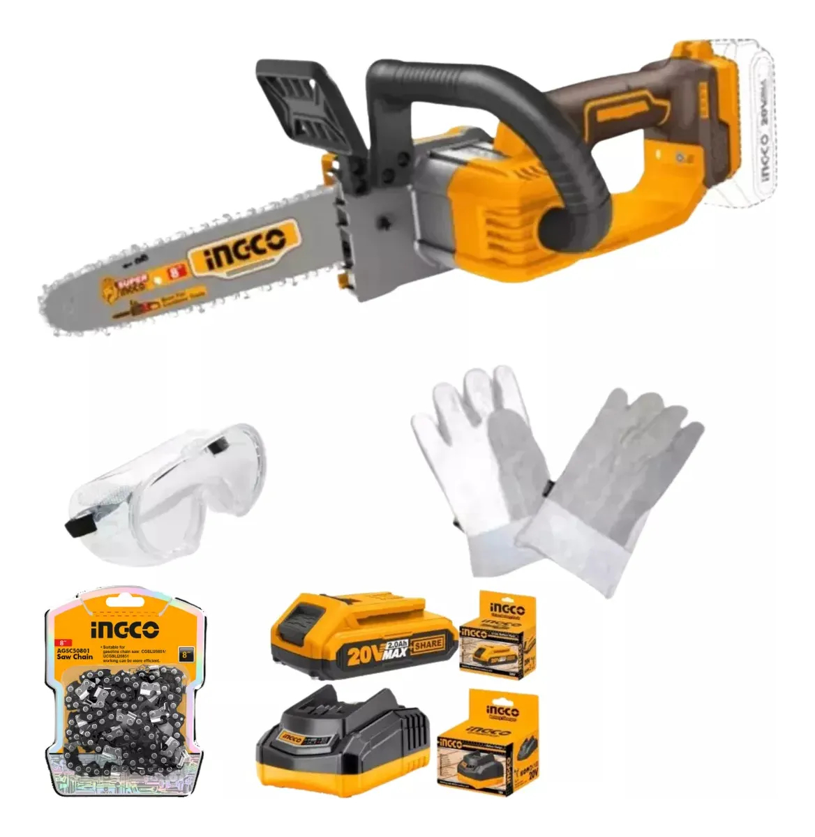 Moto Sierra Ingco 20v 8 Con Bat 4ah, Cargador Y Cadena Ingco
