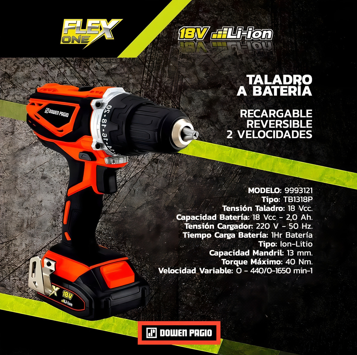 Taladro Atornillador Inalambrico 18v Dowen Pagio Bateria One Color Naranja Frecuencia 50 Hz - Imagen 2