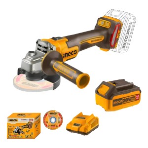 Amoladora Angular Inalambrica Ingco 115mm Bateria + 5 Discos + Cargador Cagli261521 Naranja