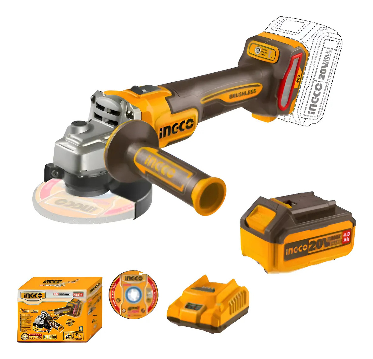 Amoladora Angular Inalambrica Ingco 115mm Bateria + 5 Discos + Cargador Cagli261521 Naranja