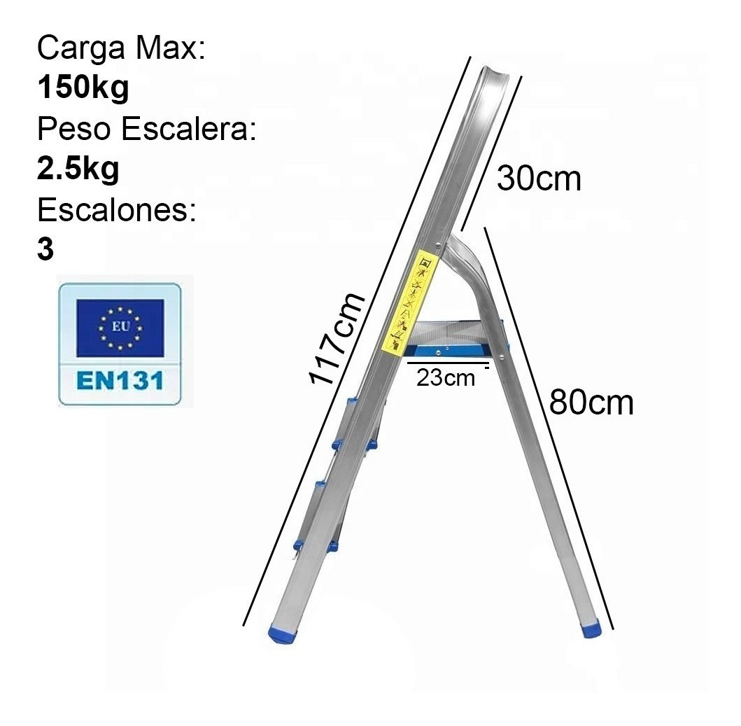 Escalera Doméstica Aluminio 3 Escalones Plegable The Kitchen 1.17m Plateado - Imagen 2