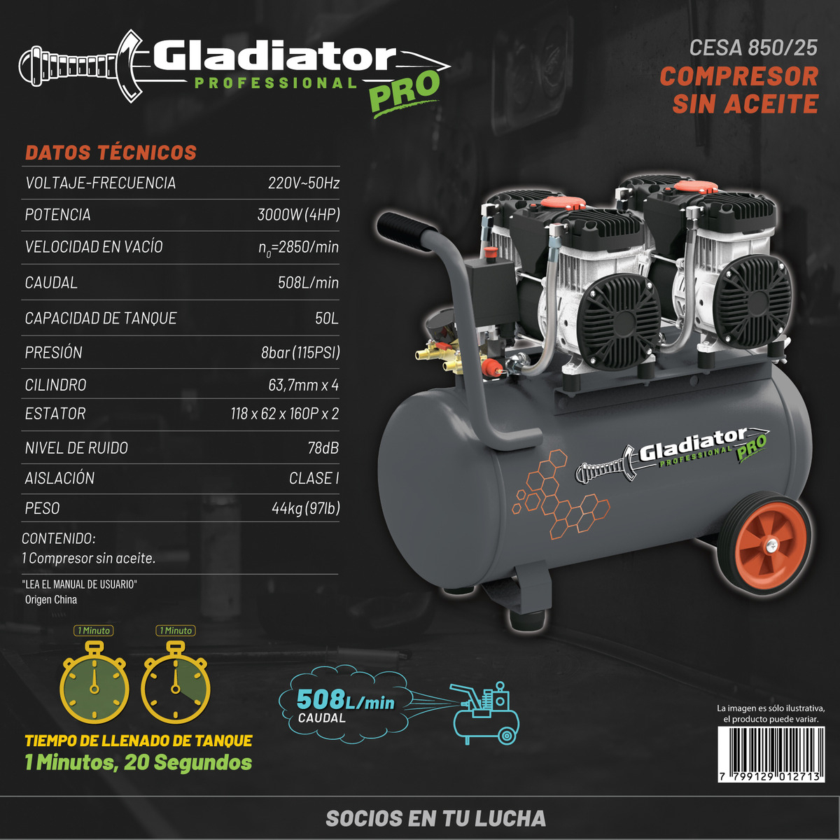 Compresor S/aceite 4hp 50lts.3000w Gladiator Pro Gris - Imagen 4