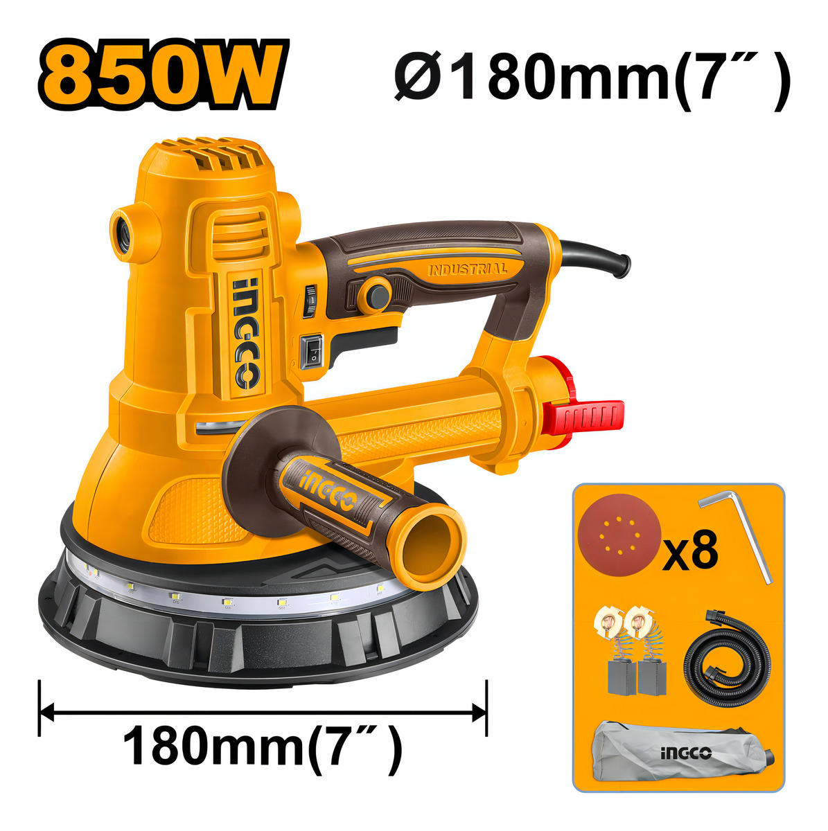 Lijadora De Yeso 850w 180mm 7 + Accesorios Ingco Dws10508 Co Amarillo - Imagen 2