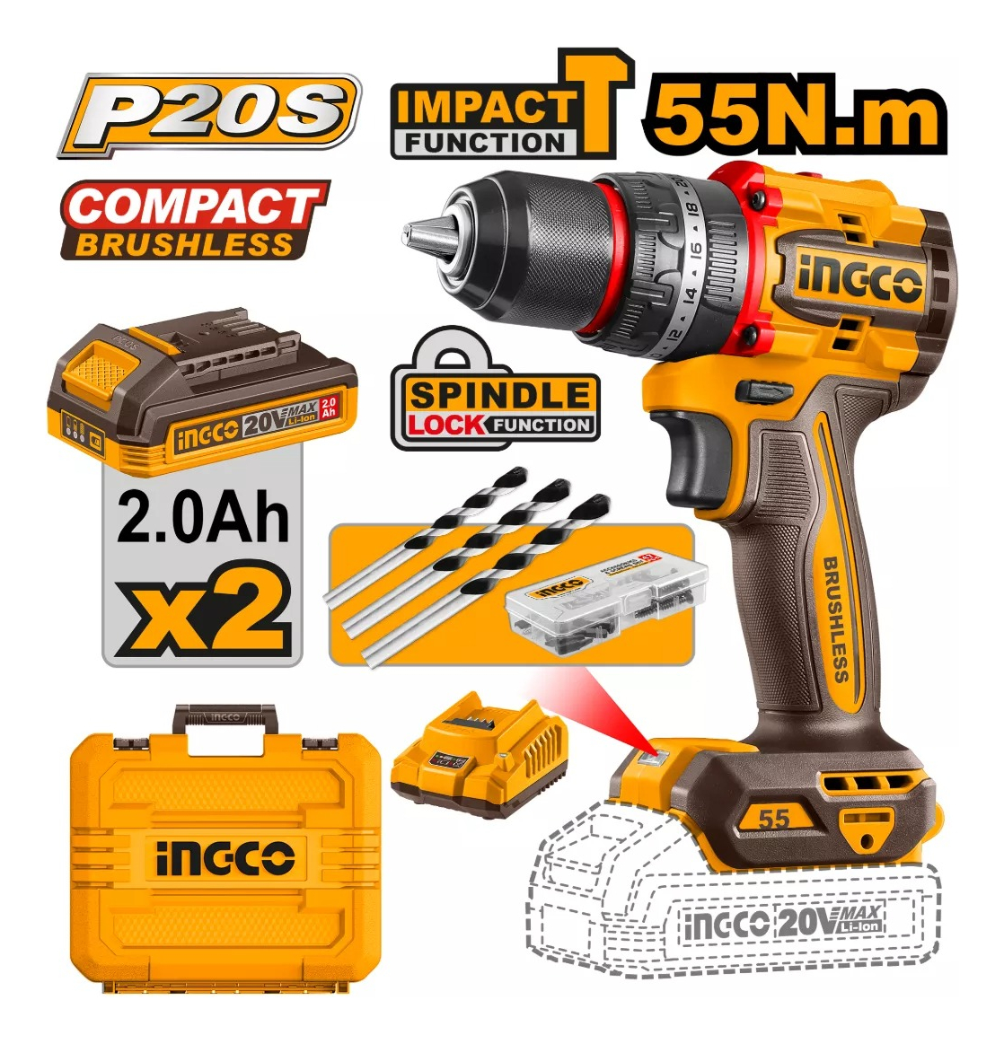 Atornillador Percutor Compact P20s Ingco Cidli20558 Color Naranja Oscuro Frecuencia 50hz 60hz - Imagen 2