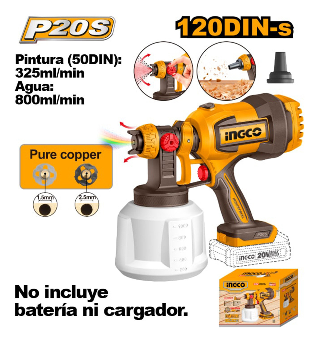 Pistola De Pintar Ingco 20v 800 Ml/min + Accesorios Amarillo Y Negro - Imagen 4