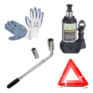 Kit Auto Apx Llave Rueda Gato Botella 2t Baliza Guantes Emergencia
