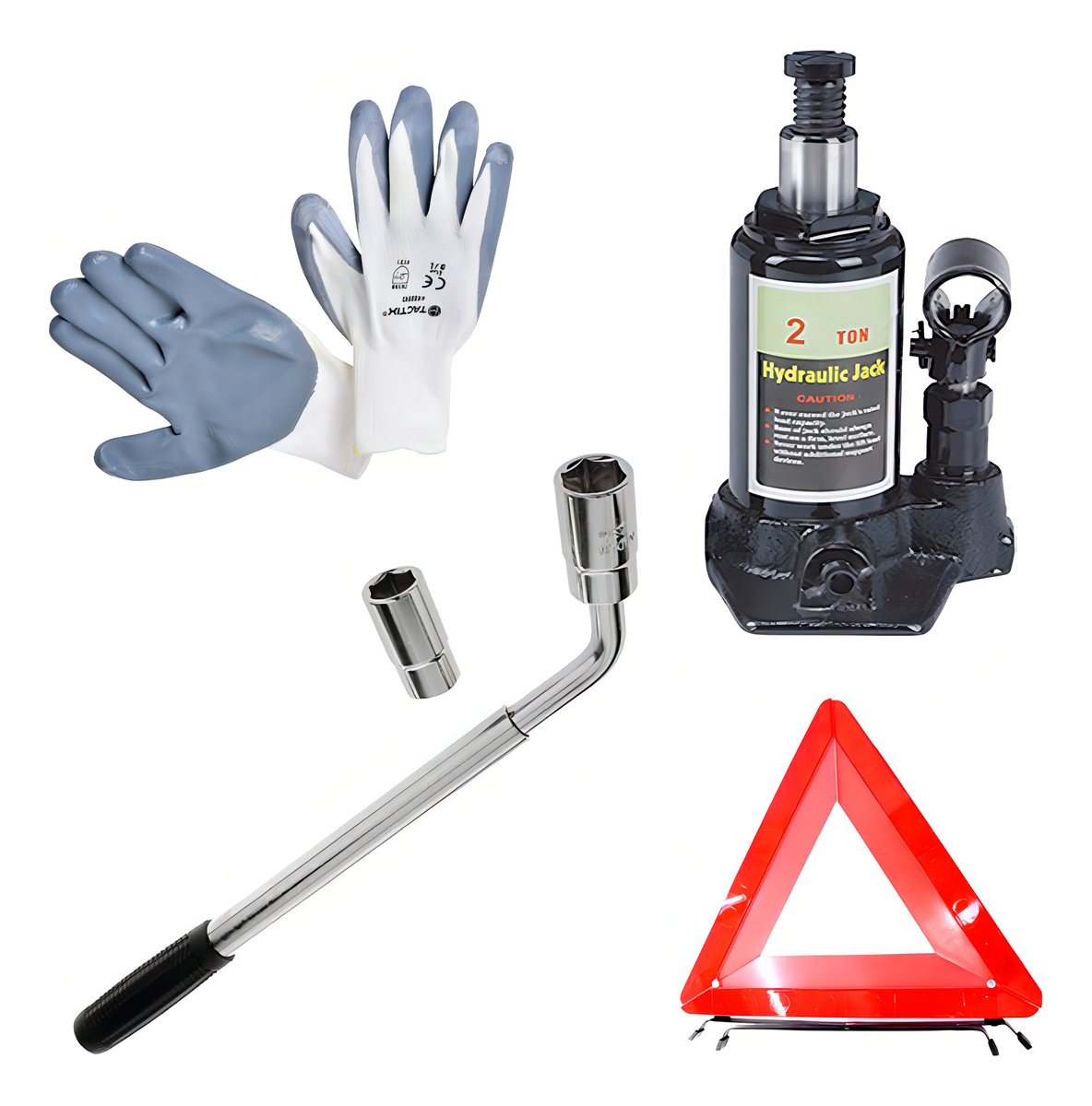 Kit Auto Apx Llave Rueda Gato Botella 2t Baliza Guantes Emergencia