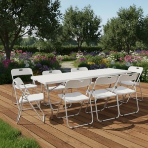 Mesa Plegable 180cm Rectangular Serlux Exterior + 8 Sillas Blancas Blanco