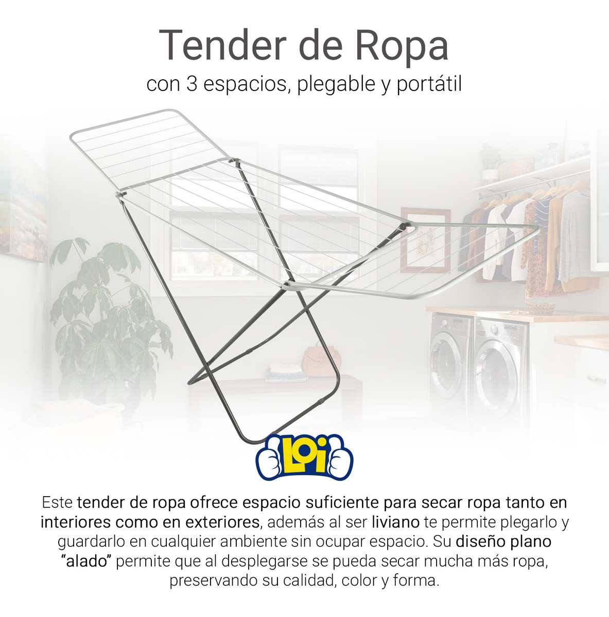 Tender Tendedero Plegable Extensible Con Alas Para Ropa 16 Varillas Gris - Imagen 7