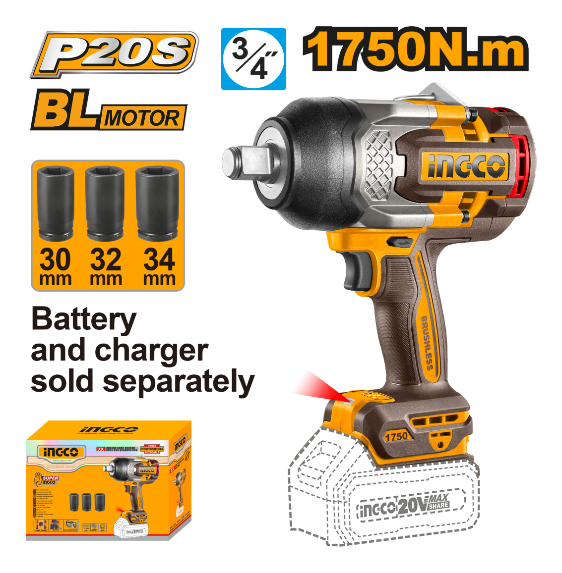 Llave De Impacto 1750nm 20v + 3 Dados Sin Bat Ingco 50/60hz Naranja Claro Amarillo - Imagen 2