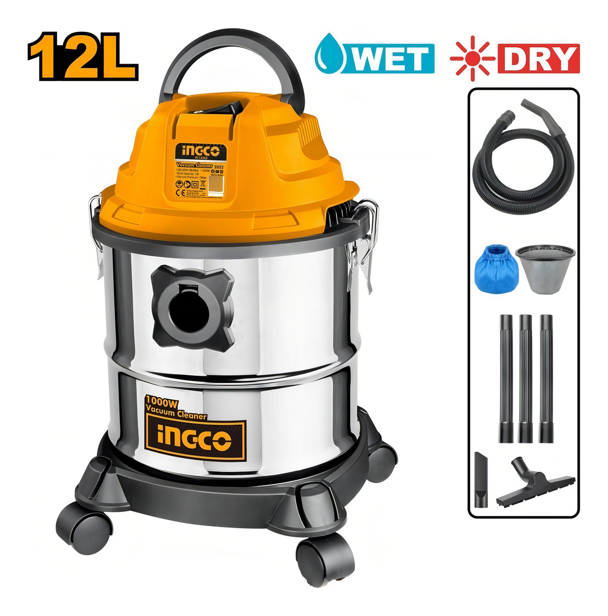 Aspiradora 12lt 1000w Ingco Vc12202 Color Plateado - Imagen 2