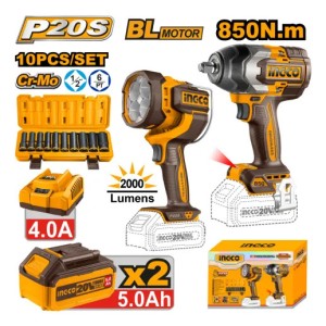 Kit 20v C/llave De Impacto + Linterna C/2 Bat+carg Ingco