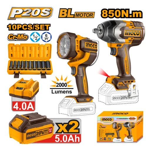 Kit 20v C/llave De Impacto + Linterna C/2 Bat+carg Ingco