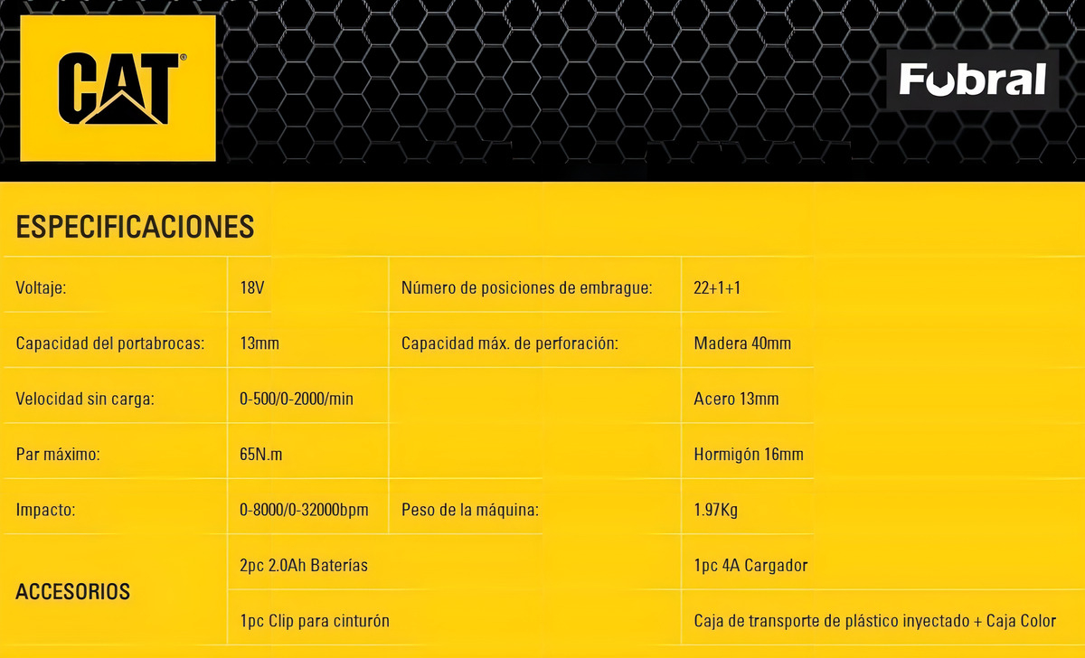 Taladro A Batería Caterpillar 18volt Con Percutor Dx12 Color Negro Frecuencia 50hz 50 Hz - Imagen 7