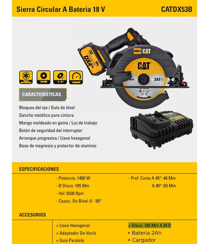 Sierra Circular Con Bateria 1400w 185mm Caterpillar Dx53b - Imagen 3