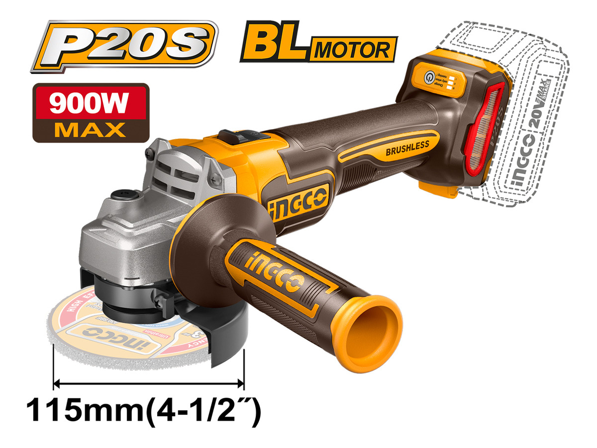 Amoladora Angular Ingco 115mm Inalámbrica + Bat + Carg Color Naranja - Imagen 3