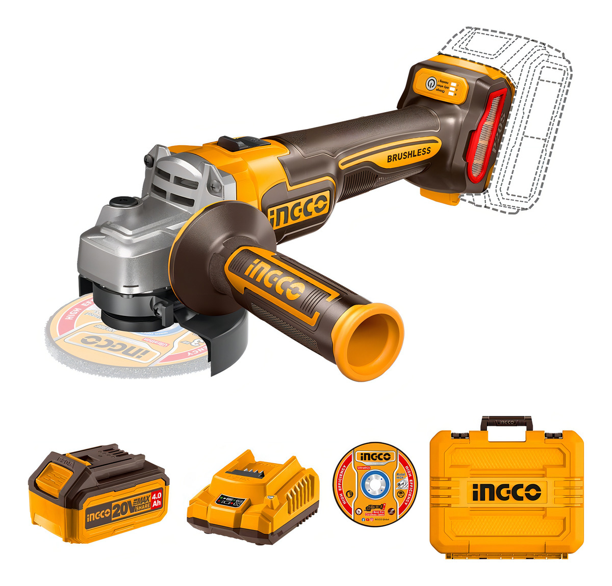 Amoladora Angular Ingco 115mm Inalámbrica + Bat + Carg Color Naranja