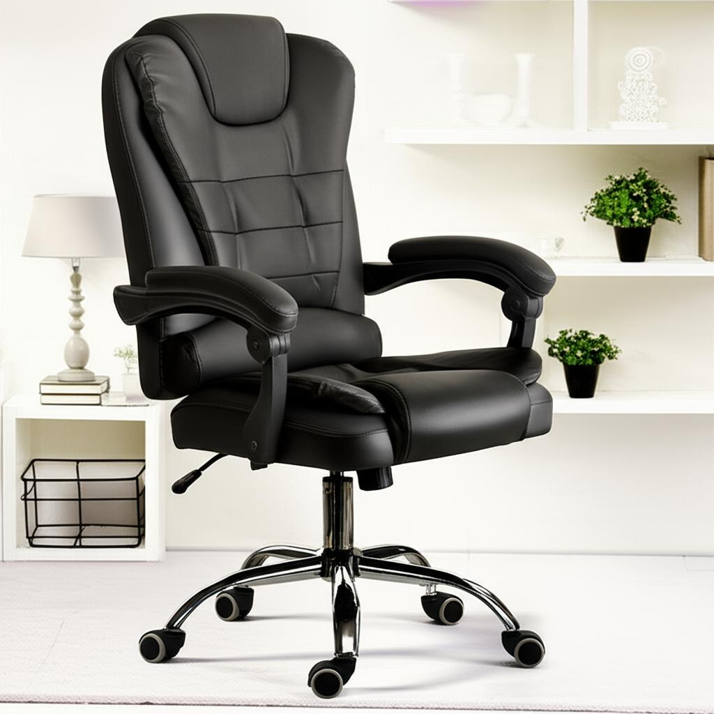 Silla Ejecutiva Giratoria Negro Que Sal R07 Base Cromada Ergonómica Con Ruedas Cuero Sintético