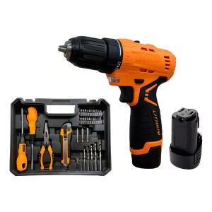 Taladro Atornillador Inalambrico Lusqtoff 2 Baterias 12v + Kit 32 Acc Naranja