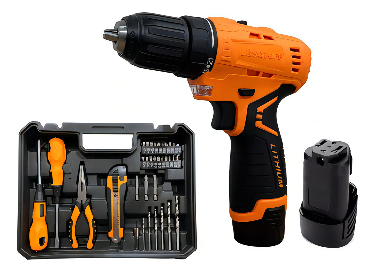 Taladro Atornillador Inalambrico Lusqtoff 2 Baterias 12v + Kit 32 Acc Naranja