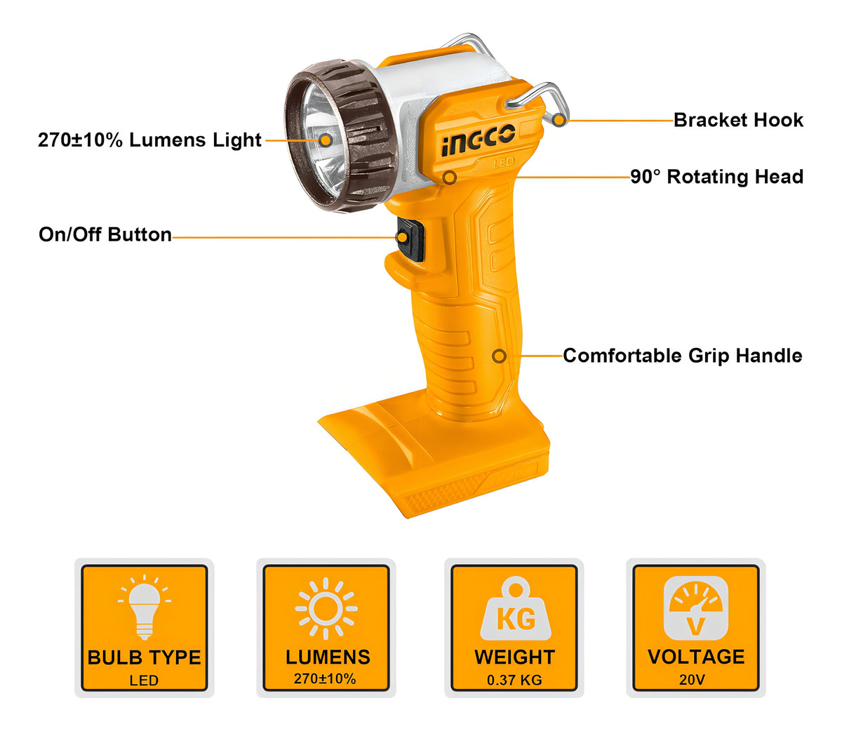 Linterna Led Inalámbrica 20v Bateria Amarillo - Imagen 4