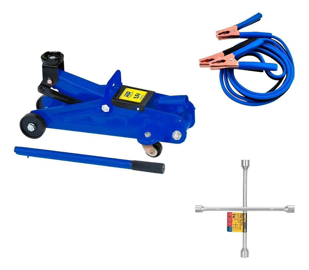 Kit Gato Hidráulico + Llave De Cruz + Cables Pasa Corriente