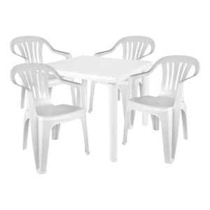 Mesa Cuadrada De 82 Cm Y 4 Sillones De Plástico De Hasta 140 Kg