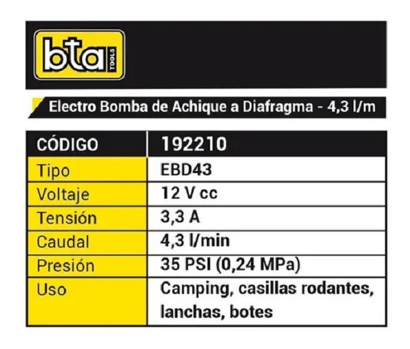 Bomba Presurizadora A Diafragma 12 Volts Bta 192210 Casa Rod - Imagen 2